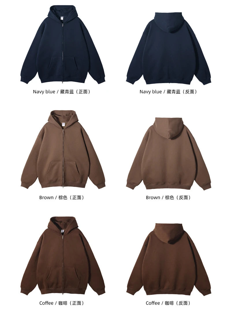 ZODF New Men Double Headed Zipper Fleece Hoodies Unisex Loose Basic Solid Warm Hooded Sweatshirts Coats For Winter HY0633