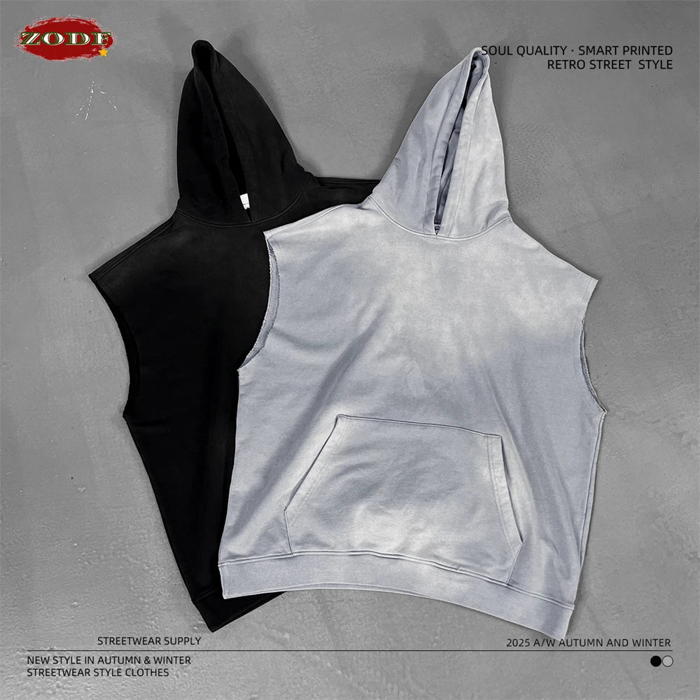 ZODF Summer Autumn Man Washed Sleeveless Hoodies For Men Unisex Loose Edge Distressed 380gsm Cotton Hooded Pullovers HY1097