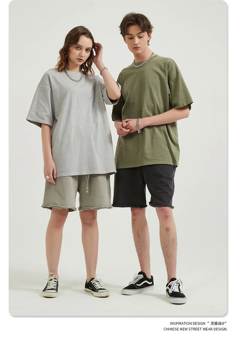 ZODF Men 2024 Retro Summer Washed Solid Cotton T-Shirts Unisex Retro Loose High Street 250gsm Basic Tees Streerwears HY0075