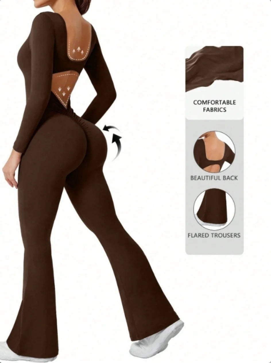 High Quality Solid Color Long Sleeve Compression Jumpsuit with Bell Bottom Pants Women’s Yoga Sportswear Push Up Set