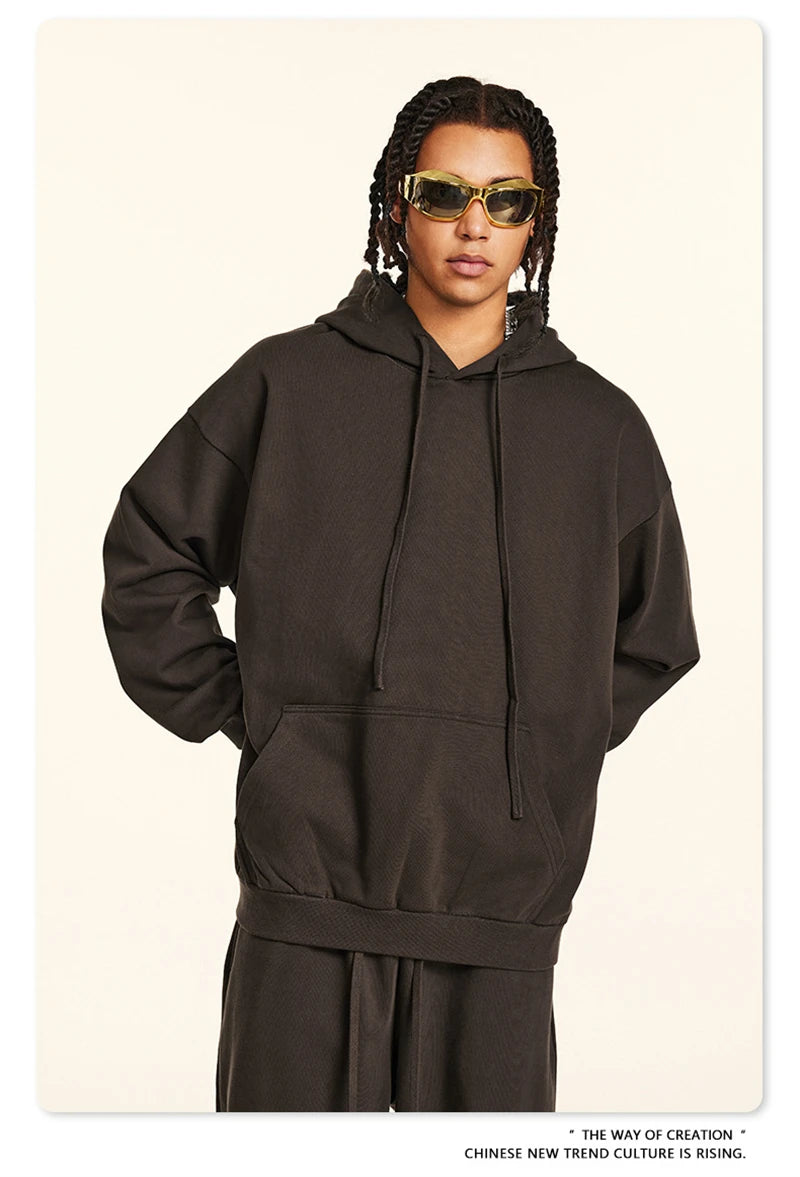 ZODF New Autumn Winter Solid Heavy Weight Hoodies For Men Unisex Basic Loose 440gsm Knitted Hooded Pullovers HY0886