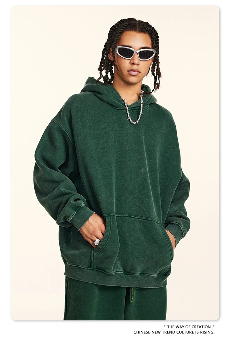 ZODF Retro Men’s Winter Washed Fleece Hoodie 360gsm Warm Knitted Loose Hooded Pullover Streetwear HY0887