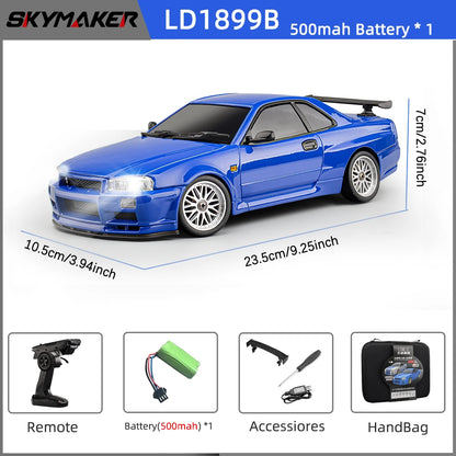 Skymaker LDRC 1/18 RC Drift Car LD1899 GTR Mode R34 2.4GHz RWD with Gyroscope on-Road Alloy Body Shell Racing Car for Boys Gifts
