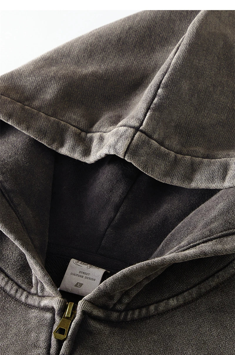 ZODF Retro Autumn Batik Washed 100% Cotton 420gsm Terry Oversized Distressed Zipper Hoodie Unisex HY0936