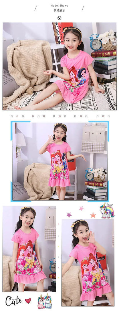 Girls Night Dress Summer Cartoon Snow White Frozen Princess Elsa Mermaid Print Toddler Girl Nightgown for Teens