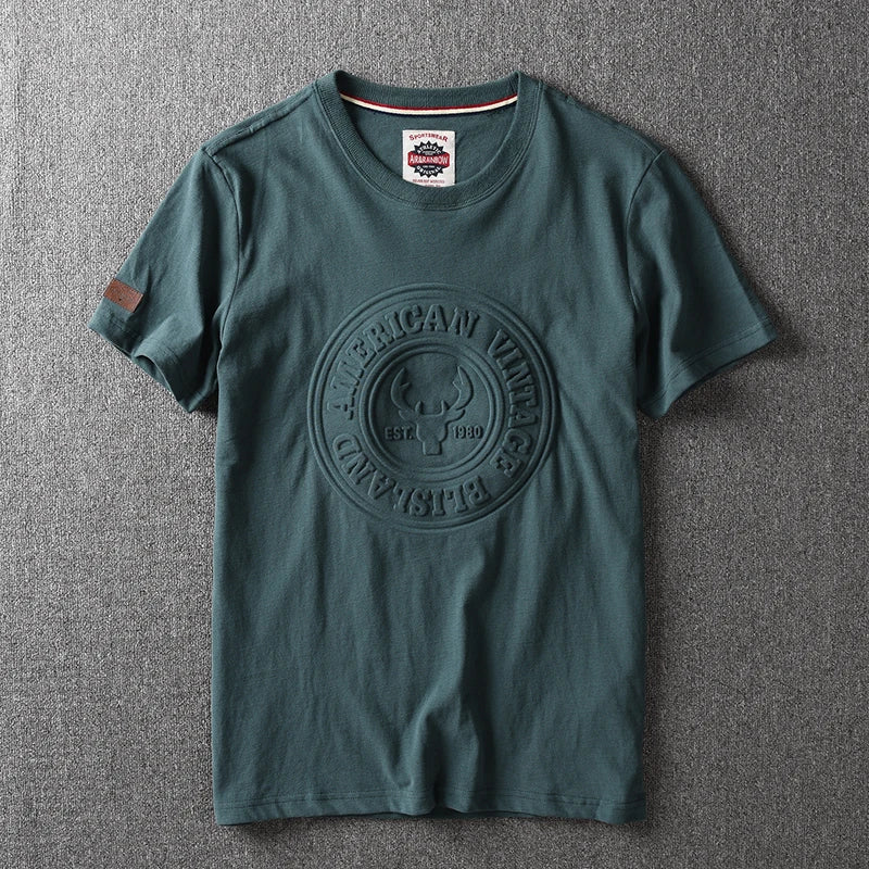 2025 Summer New American Retro Short-sleeved O-neck 3D Letter Printed T-shirt Men's Fashion 100% Cotton Washed Casual Sport Tops