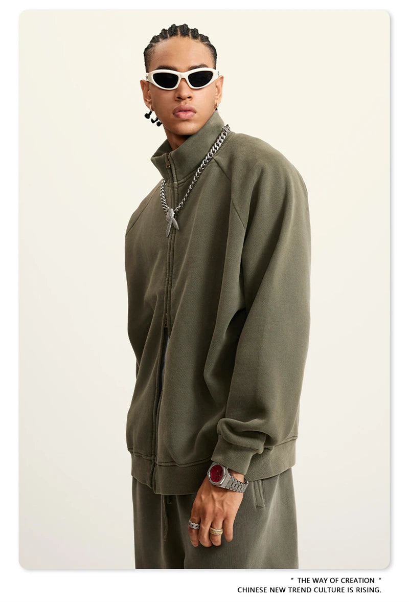 ZODF Retro Winter Men Washed Fleece Zipper Jackets Unisex Loose Oversized 400gsm Raglan Sleeve Coats Streetwears HY0649