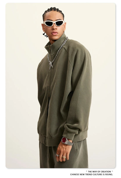 ZODF Retro Winter Men Washed Fleece Zipper Jackets Unisex Loose Oversized 400gsm Raglan Sleeve Coats Streetwears HY0649
