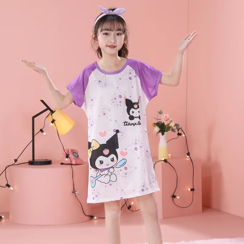 MINISO Children Home Clothing Girls Night Dress Summer Short Sleeve Disney Hello Kitty Cat Toddler Girl Pjs Nightgown Sleepwear