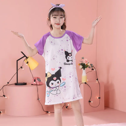 MINISO Children Home Clothing Girls Night Dress Summer Short Sleeve Disney Hello Kitty Cat Toddler Girl Pjs Nightgown Sleepwear