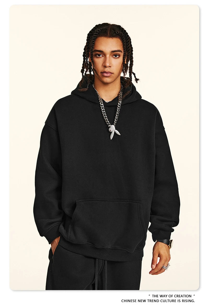 ZODF New 2024 Autumn Winter Men 345gsm Fleece Hoodies Unisex Women Relax Fit Warm Solid Hooded Pullovers Sweatshirts HY0863