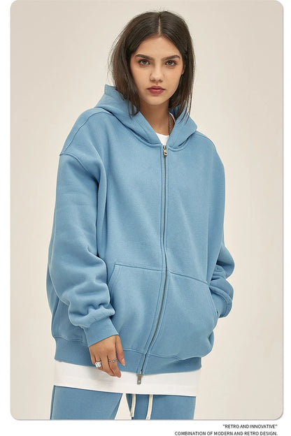 ZODF New Men Double Headed Zipper Fleece Hoodies Unisex Loose Basic Solid Warm Hooded Sweatshirts Coats For Winter HY0633