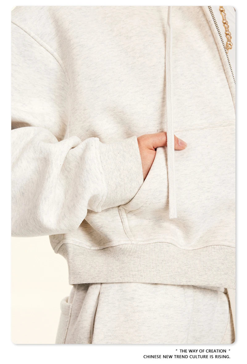 ZODF 2024 Winter Women Zipper Crop Hoodies Female Girls Solid 345gsm Warm Fleece Short Hooded Zip-Up Coat HY0911