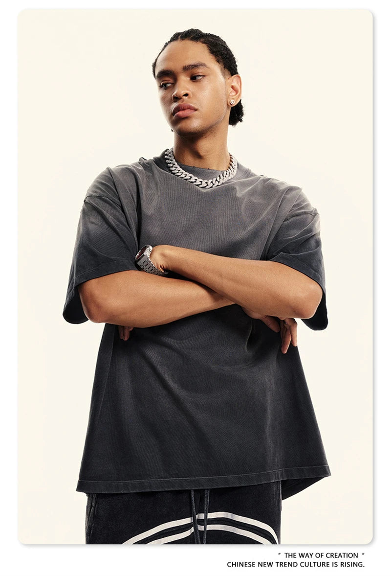 ZODF 2024 Summer Men Washed Gradient T-Shirts Unisex Women Distressed 250gsm Cotton T Shirt Brand Tees Streetwears HY0814