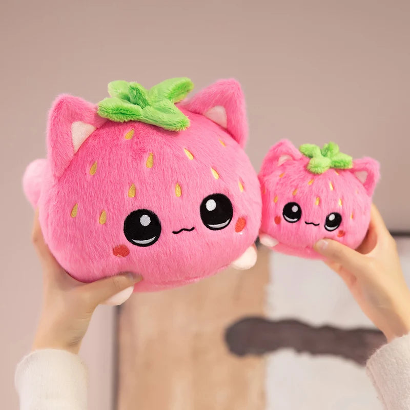 Kawaii Strawberry Cat Plush Toy Cute Pink Cat Stuffed Animal Cuddly Doll Soft Cartoon Plushies Birthday Gift for Girl Home Decor