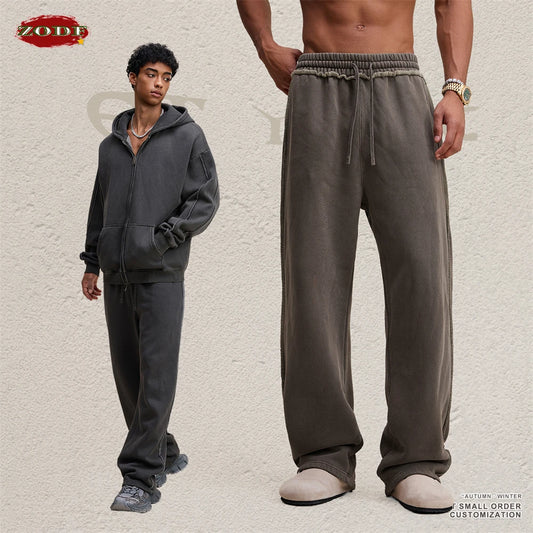ZODF 2025 Winter Man Washed Fleece Straight Pants Retro Unisex Loose Edge 400gsm Knitted Warm Trousers Brand Clothing HY1093