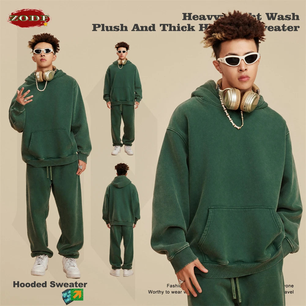 ZODF Winter Autum Men's Washed 400gsm Fleece Hoodies Unisex Couple Retro Oversized Ripped Hooded Sweatshirts Pullovers HY0652