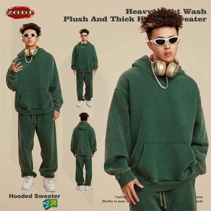 ZODF Winter Autum Men's Washed 400gsm Fleece Hoodies Unisex Couple Retro Oversized Ripped Hooded Sweatshirts Pullovers HY0652