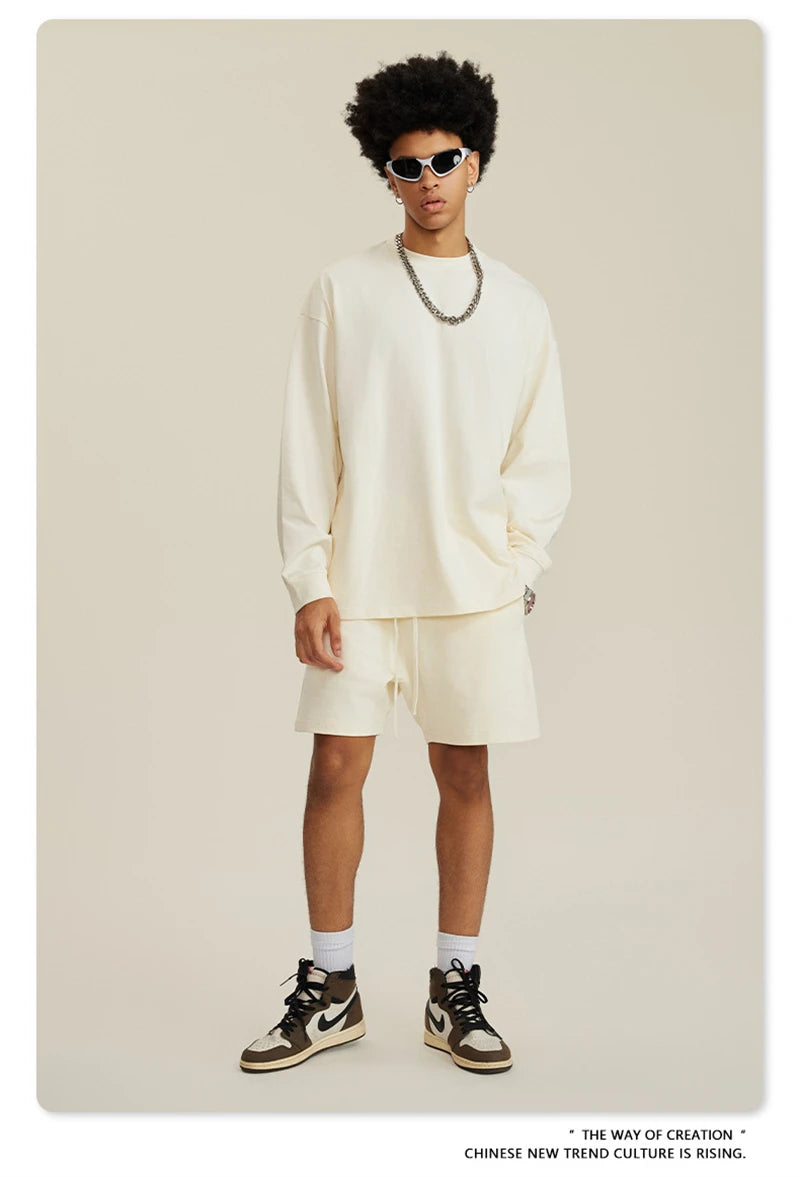 ZODF NEW Autumn Men's Solid Full Sleeve T Shirts Unisex Loose Oversized Casual 305GSM Cotton Basic T-Shirt Brand TEE HY0209