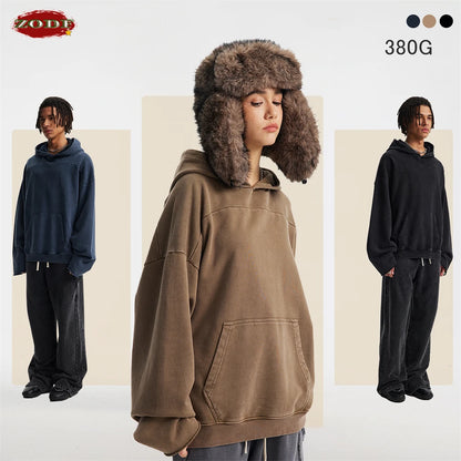 ZODF Fashion Heavy Weight 430gsm Washed Hoodie For Men Unisex Loose Edge Patchwork Distressed Hooded Pullovers Coat HY1098