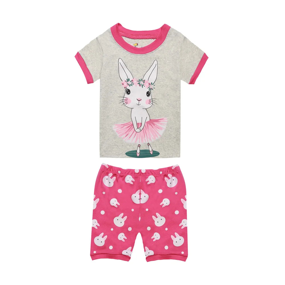 2pcs Toddler Girls Cotton Pajamas Outfit 2024 Cartoon Rabbit Unicorn Graphic O-Neck T-Shirt Top & Shorts Sleepwear Clothes Sets