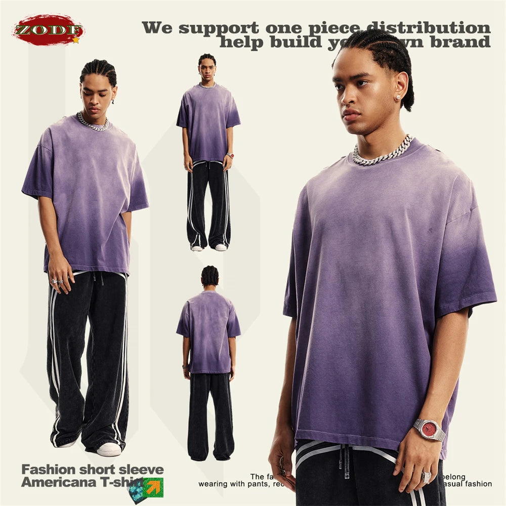 ZODF 2024 Summer Men Washed Gradient T-Shirts Unisex Women Distressed 250gsm Cotton T Shirt Brand Tees Streetwears HY0814