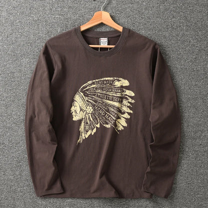 Autumn New American Retro Long Sleeve O-neck Indian Printed T-shirt Men's Fashion 100% Cotton Washed Casual Bottoming Tops