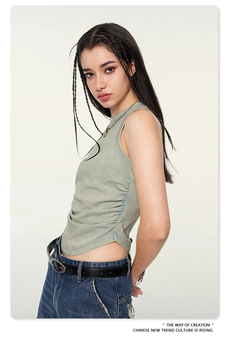 ZODF Women 2024 Summer Washed Tank Tops Female Hotsweet Girls 235gsm Slim Pleated Arc Hem Camisole TEE Streetwears HY0795