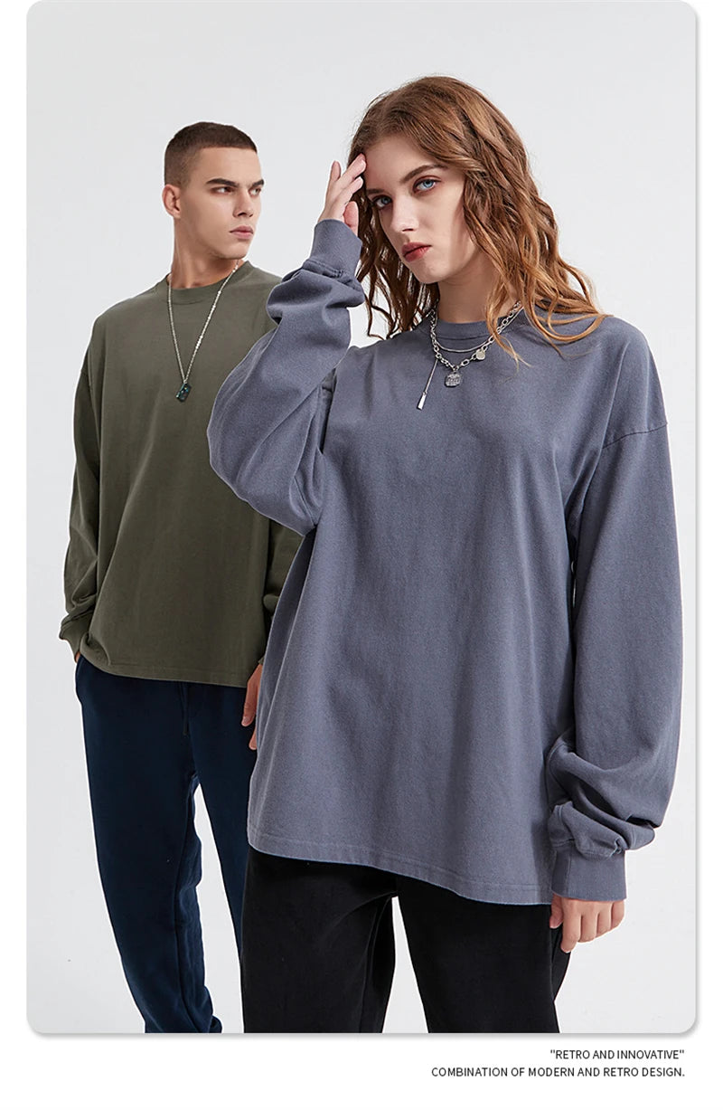 ZODF Retro Autumn Full Sleeve Washed 100% Cotton T-Shirts For Men Unisex Solid Casual Loose 310gsm Tee Brand Tops HY0405