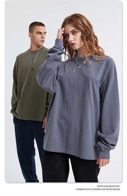 ZODF Retro Autumn Full Sleeve Washed 100% Cotton T-Shirts For Men Unisex Solid Casual Loose 310gsm Tee Brand Tops HY0405