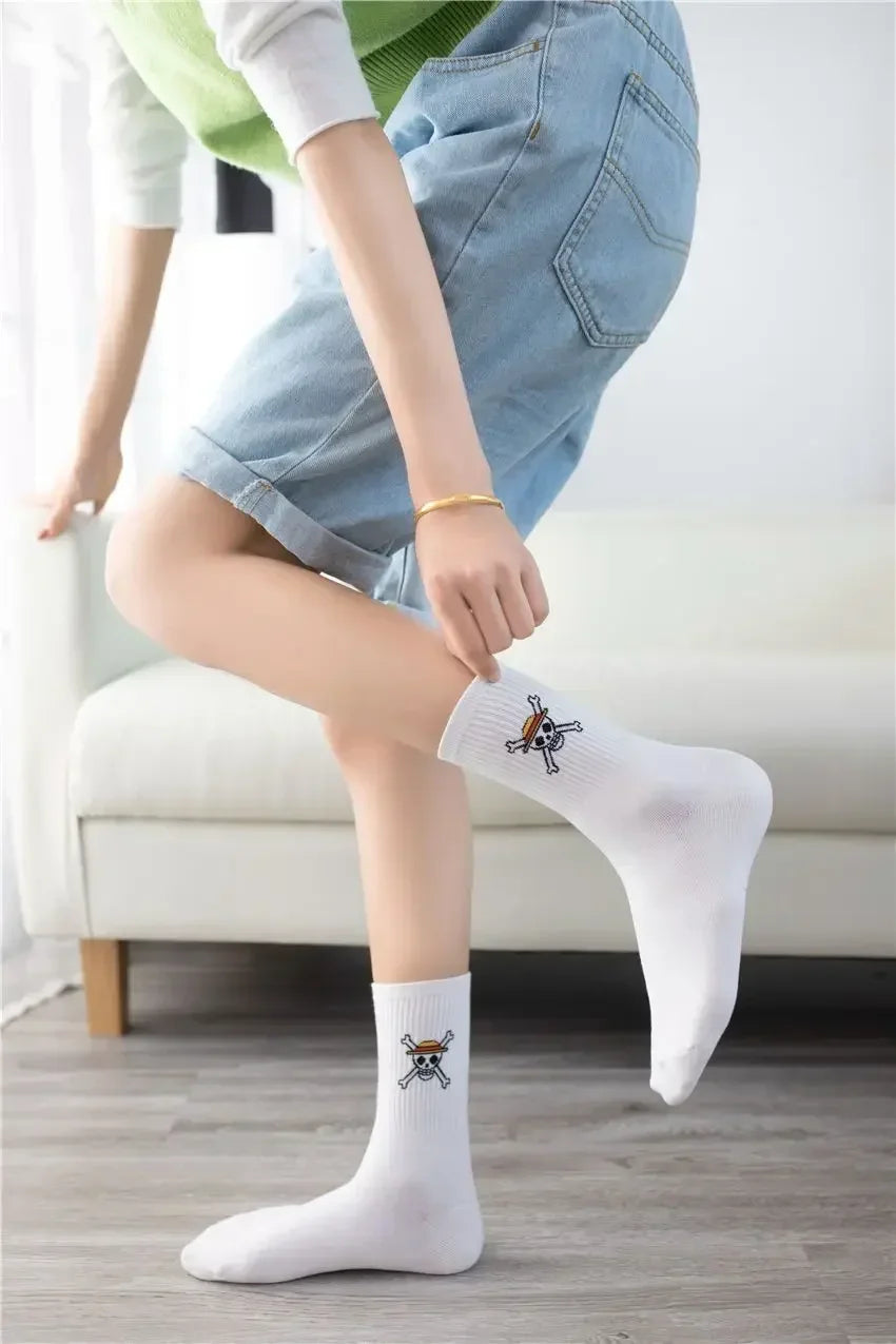 5Pair Anime One Piece Socks Cartoon Luffy Chopper Student Cotton White Long Short Boat Socks Printed Knitted Socks Children Gift
