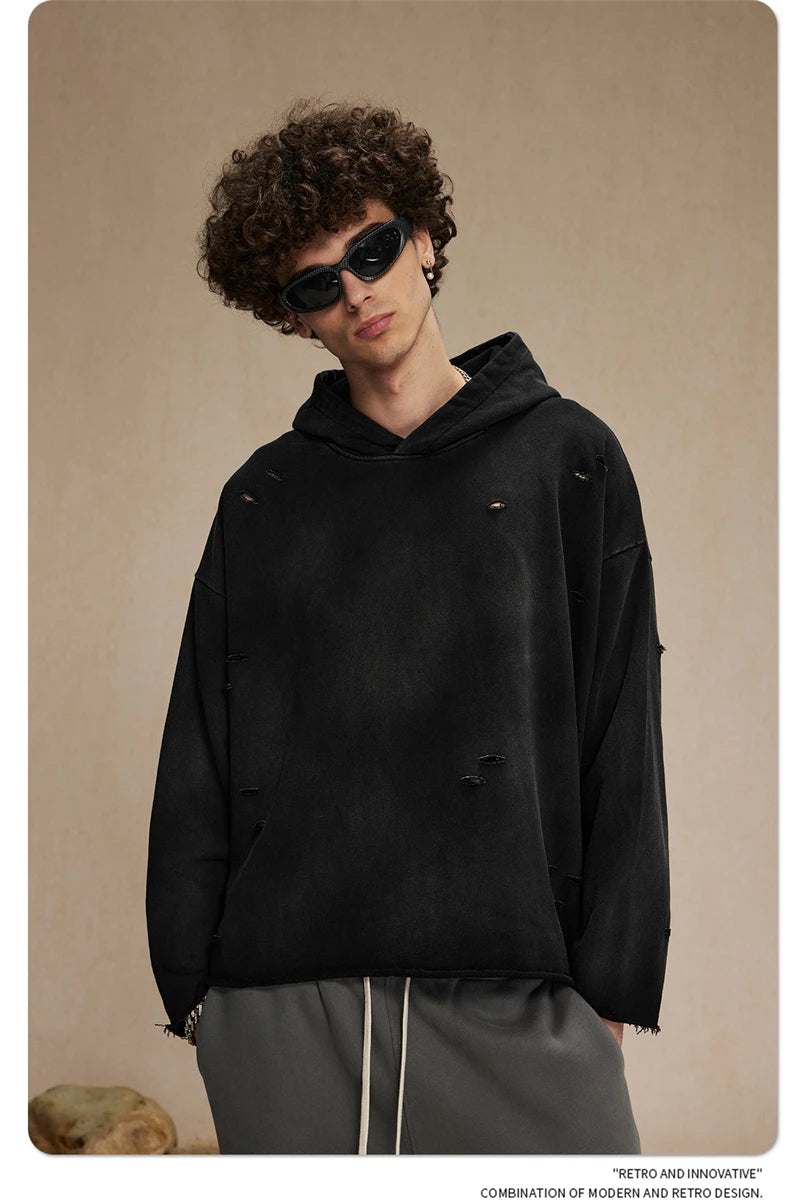 ZODF New Autumn Winter Men Monkey Washed Hoodies Unisex Disstressed Ripped Heavyweight Knitted 450gsm Hooded Pullovers HY0909