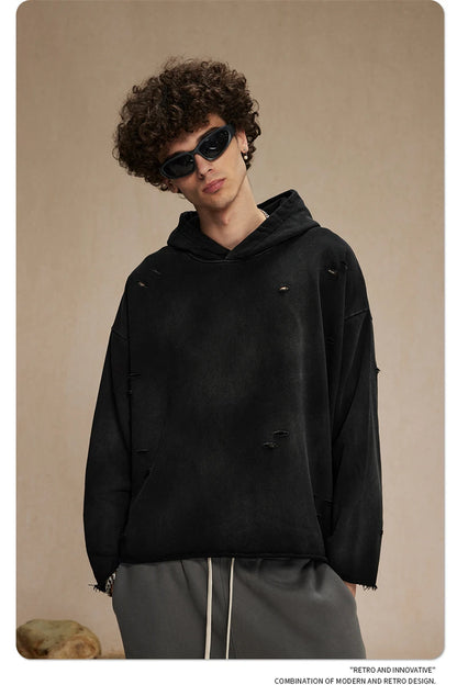 ZODF New Autumn Winter Men Monkey Washed Hoodies Unisex Disstressed Ripped Heavyweight Knitted 450gsm Hooded Pullovers HY0909