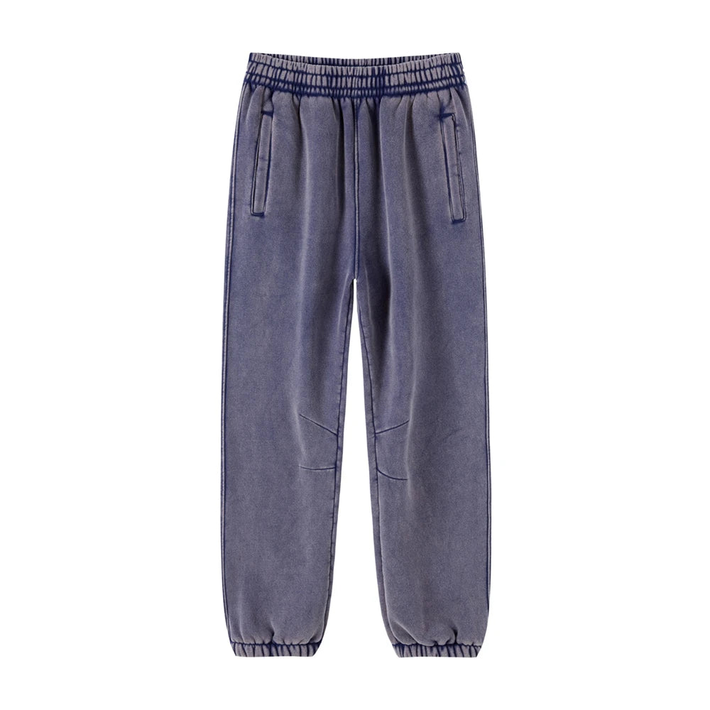 ZODF Retro Winter 360gsm Batik Washed Fleece Sweatpants Unisex Loose Drawstring Warm Joggers HY0714 - Navy Blue / S