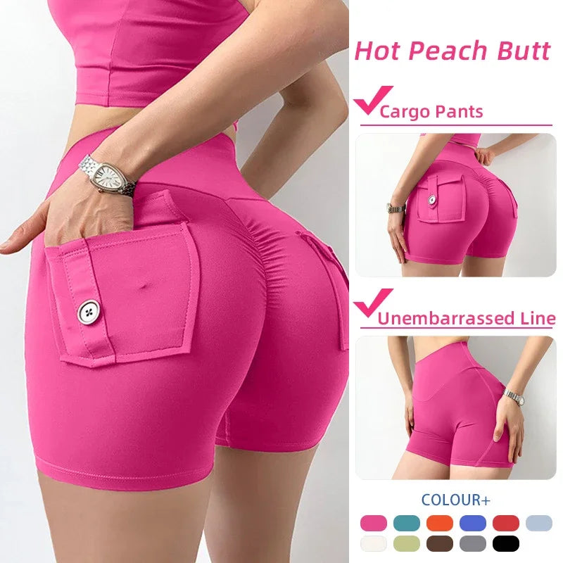 High Waist Yoga Shorts for Women with Pockets Scrunched Butt Push Up Gym Leggings Sexy Fitness Running Tights
