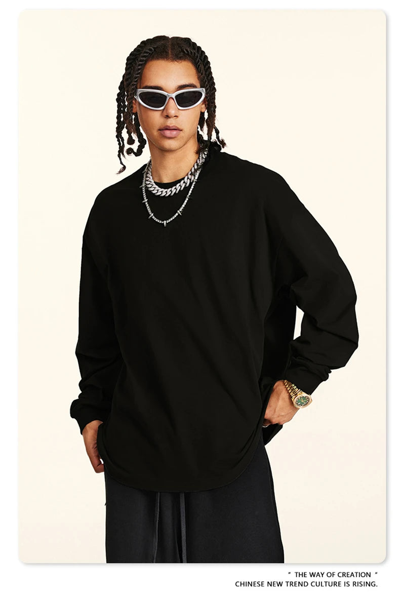 ZODF New 2024 Autumn 225gsm Loose Solid T-Shirt For Men Retro Unisex Antibacterial Full Sleeve T Shirts Brand Tops HY0871