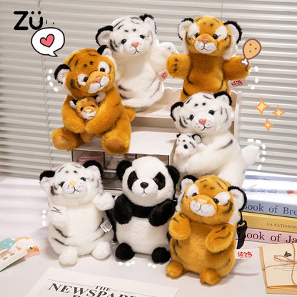 20-25cm Emulational Tiger Plushies Mother and Baby Tiger Plush Toy Panda Soft Bag Hand Puppet Children Girl Gift