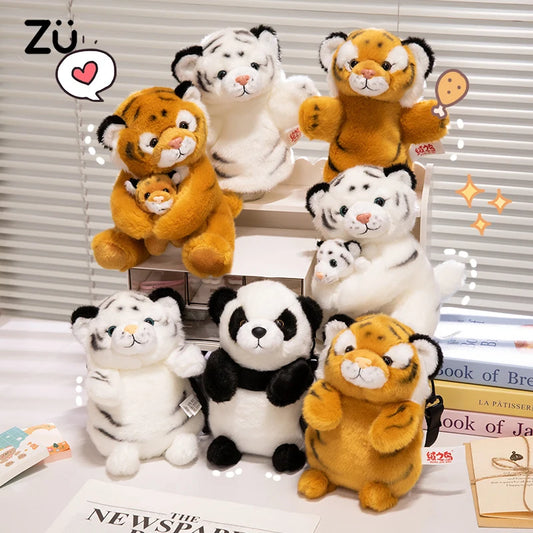20-25cm Emulational Tiger Plushies Mother and Baby Tiger Plush Toy Panda Soft Bag Hand Puppet Children Girl Gift