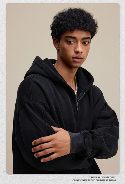 ZODF Retro 2025 Autumn Winter Unisex Zipper Fleece Hoodie 400gsm Washed Batik Warm Hooded Coat HY1084