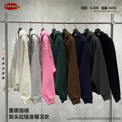 ZODF Fashion Winter 345gsm Boxy Fleece Zipper Hoodie For Men Unisex Cusual Loose Fit Warm Hooded Coat Outwears HY1178