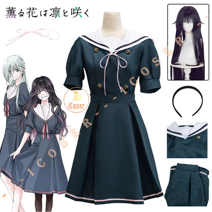 Kaoruko Waguri Cosplay Summer Skirt Dark Blue Dress Anime The Fragrant Flower Blooms with Dignity Halloween Cosplay Costume Girl