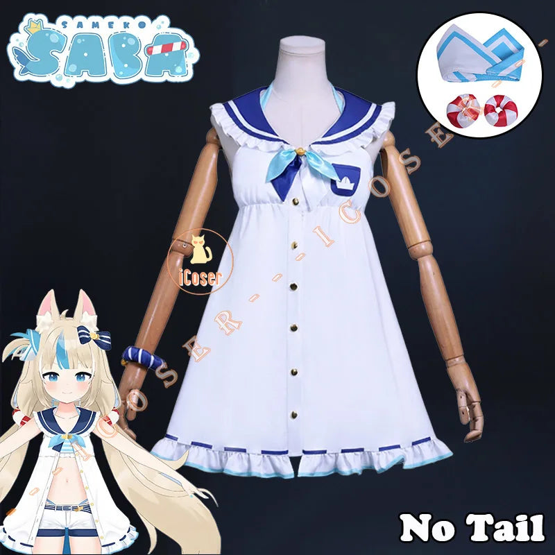 VTuber Sameko Saba Cosplay Costume Wig Dress Outfit Ears Headwear Uniform Festival Halloween Party for Women Girls Carnival Prop