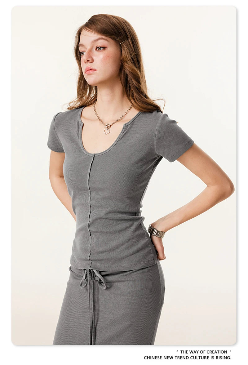 ZODF Women Retro 2025 Summer 275gsm U Collar Washed T-Shirts Hotsweet Girls Sexy Slim Fit T Shirt Brand Tees HY0992