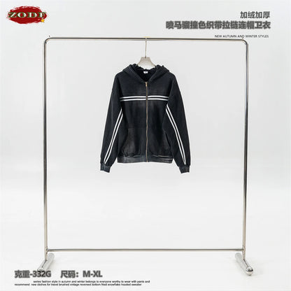 ZODF Retro 2024 Winter Men Zipper Fleece Hoodies Unisex Oversized Washed 360gsm Sport Knitted Hooded Coat HY0905
