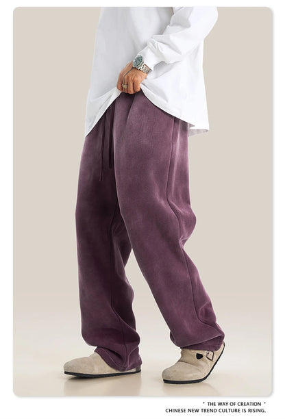 ZODF Retro Winter Monkey Washed Fleece Pants For Men Unisex Washed High Street 332gsm Warm Oversized Straight Trousers HY0892