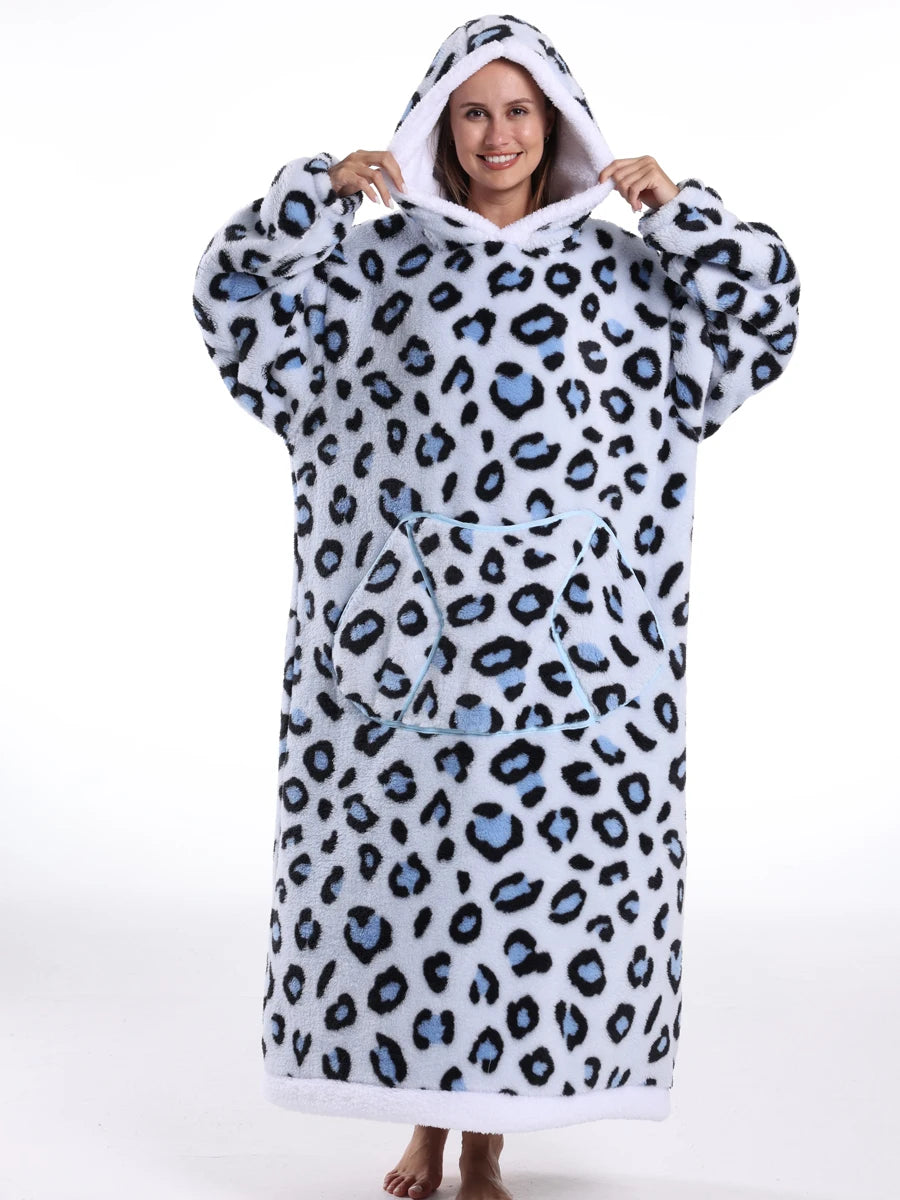 Winter Hoodies Women Men Clothes Blue Leopard Sweatshirt Korean Style Pullover Fleece Giant Oversized Blanket with Long Sleeves