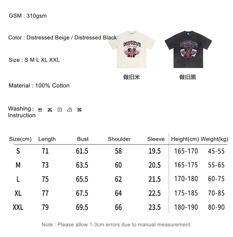 ZODF America Retro Summer 100% Cotton T-Shirts For Men Unisex Washed 310gsm Comfortable High Street Printing T Shirt Tops HY0862