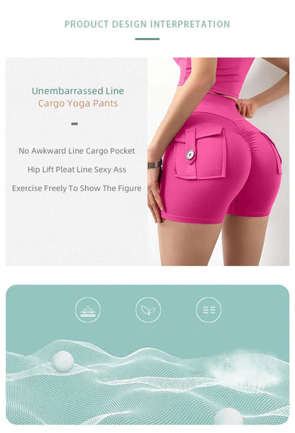 High Waist Yoga Shorts for Women with Pockets Scrunched Butt Push Up Gym Leggings Sexy Fitness Running Tights