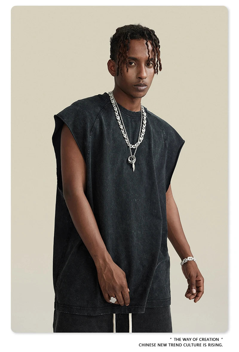 ZODF American Retro Men Washed Solid Tank Tops Women Unisex Loose Edge 275gsm Cotton Sleeveless Tees Brand Streetwears HY0503