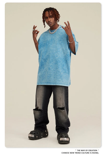 ZODF New Summer Men Washed Batik Cotton T Shirts Unisex American Retro High Street 270gsm Short Sleeve Tees Streetwear HY0489